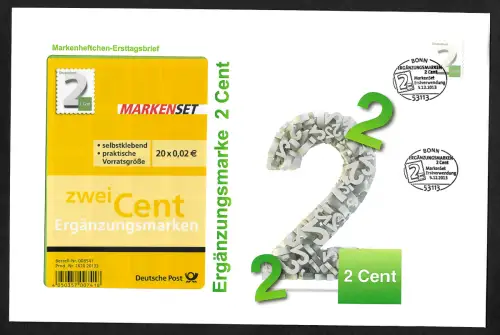 Bund 2013: Markenheftchen Ersttagsbrief - FDC - Ergänzungsmarke 2 Cent