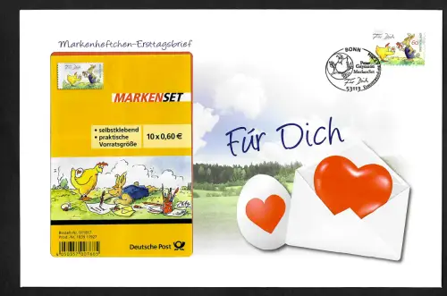 Bund 2014: Markenheftchen Ersttagsbrief - FDC - Für Dich: Huhn und Hase, Herz