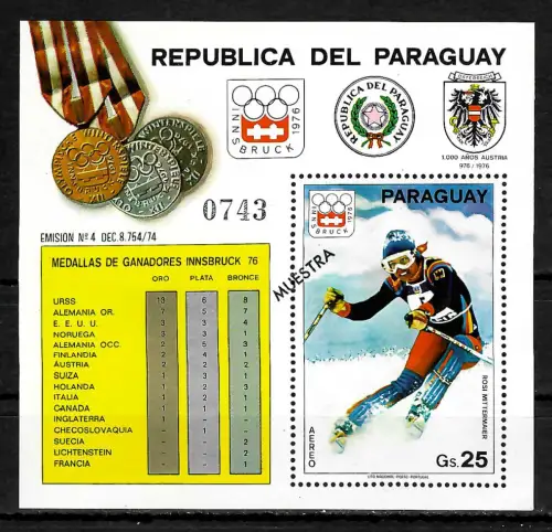 Paraguay: Olympic Games 1976, Innsbruck, Medalls, Medaillen, Block MUESTRA **