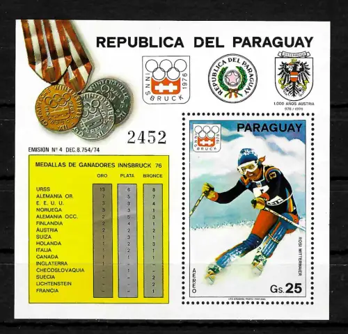 Paraguay: Olympic Games 1976, Innsbruck, Medalls, Medaillen, Block **