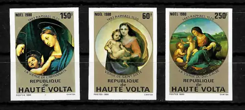 Haute Volta 1980: Rahpael - 3x Gemälde auf Briefmarken, postfrisch