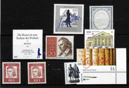 Bund/Berlin: Friedrich Schiller, 9x Briefmarken, **