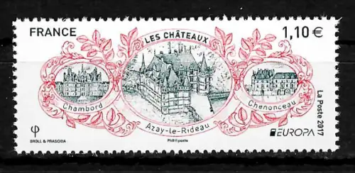 Frankreich 2017: Les Chateaux: Azay-le-Rideau, Burgen und Schlösser, postfrisch