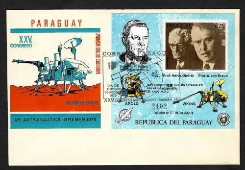 Paraguay 1976: Hermann Oberth, von Braun: Block #285, FDC