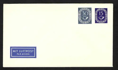 Bund: Luftpost Ganzsachen-Umschlag Posthorn, 30+15 Pfg, postfrisch