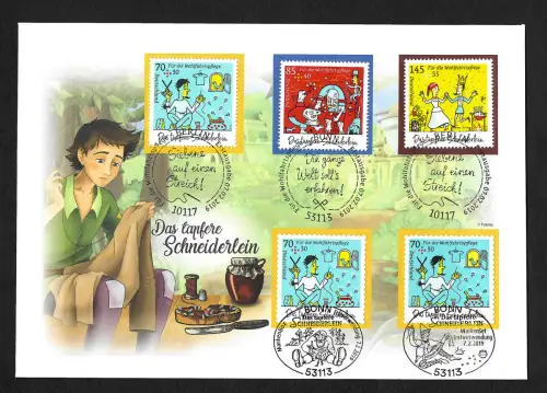 Bund 2019: Das tapfere Schneiderlein, Luxusbrief mit 5 versch. Sonderstempeln
