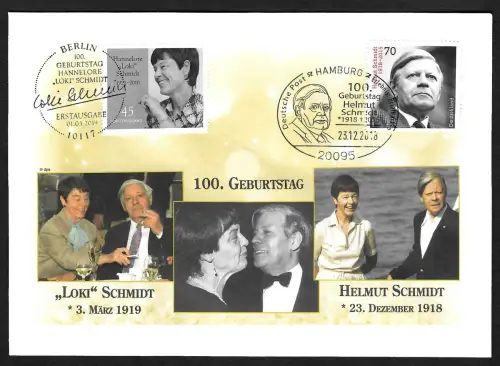 Bund 2019: Helmut Schmidt und Loki, 100. Geburtstag, FDC