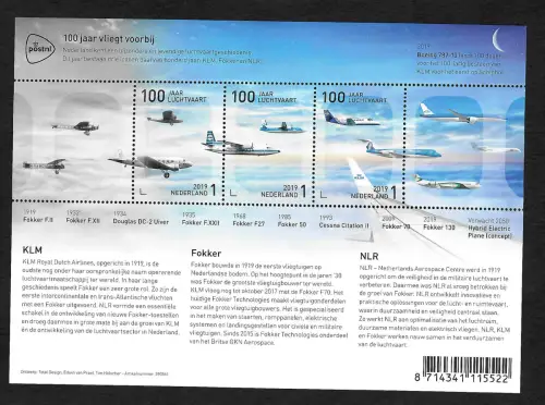 Niederlande 2019: 100 Jahre Luftfahrt, Fokker, Cessna, Douglas, postfrisch
