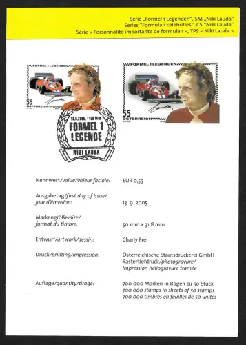 Österreich 2005: Niki Lauda, Formel 1 Legende, Ersttagsblatt
