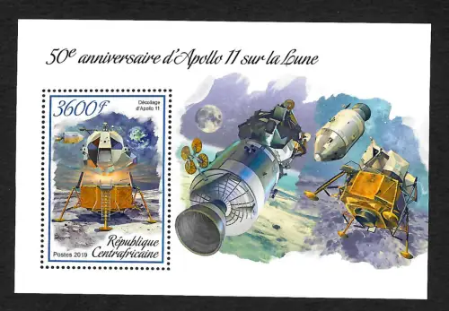 Zentralafrika 2019: 50e anniversaire d' Apollo 11 sur la lune, postfrisch