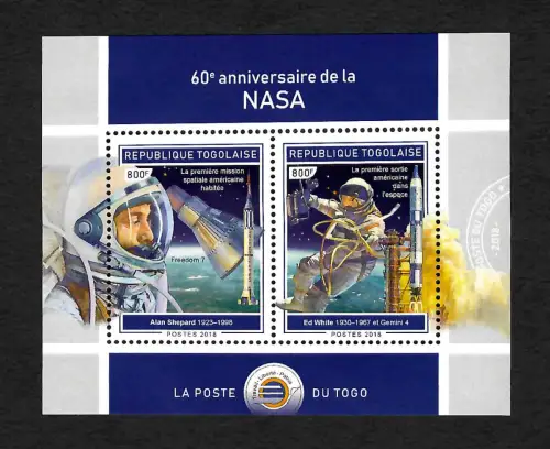 Togo 2019: Apollo 11 Weltraum, 60 Jahre NASA, Shepard, White postfrisch