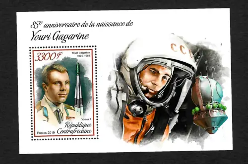 Zentralafrika 2019: Juri Gagarine, 85e anniversaire de la naissance, postfrisch