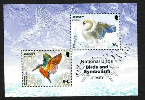 Jeresey 2019: EUROPA: Birds and Symbolism, Schwan, Eisvogel, postfrischer Block
