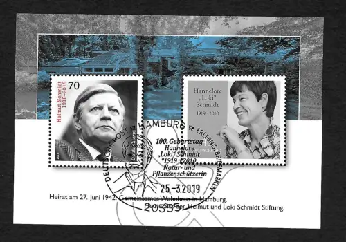 Bund 2019: Helmut und Loki Schmidt Stiftung, Philatelieblock, Sonderstempel