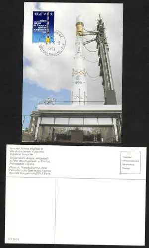 Schweiz 1979: Postkarte Rakete Ariane in Kourou, Franz. Guyana, gestempelt