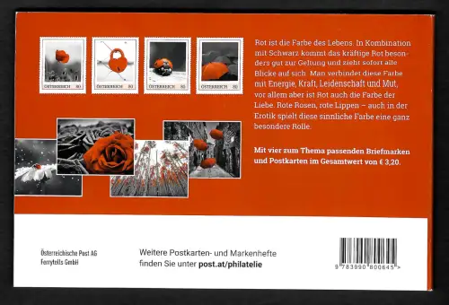 Österreich 2019: Die Farbe Rot: 4x Postkarten, 4x Briefmarken - Heftchen **
