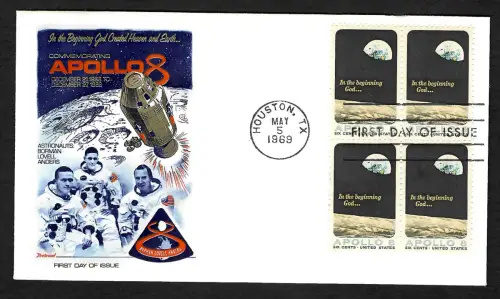 USA: Commemorating Apollo 8, Houston, TX, 5.5.1969, #981, bloc of 4, FDC
