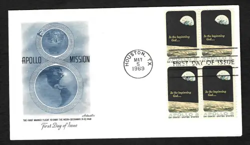 USA: Mission Apollo 8, Houston, TX, 5.5.1969, #981, bloc of 4, FDC