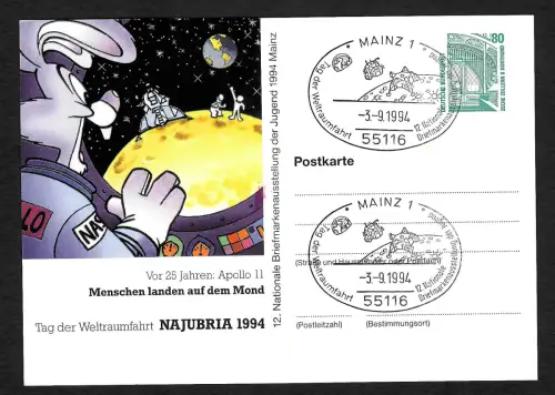 Bund 1994: Mainz: Menschen landen auf dem Mond, Ganzsache, Ausstellung
