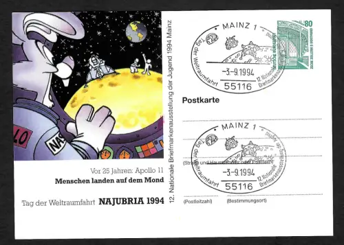 Bund 1994: Mainz: Menschen landen auf dem Mond, Ganzsache, Ausstellung