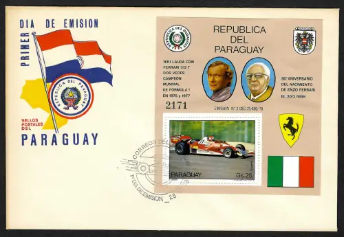 Paraguay 1978: Niki Lauda, Enzo Ferrari mit 90stem Geburtstag, FDC
