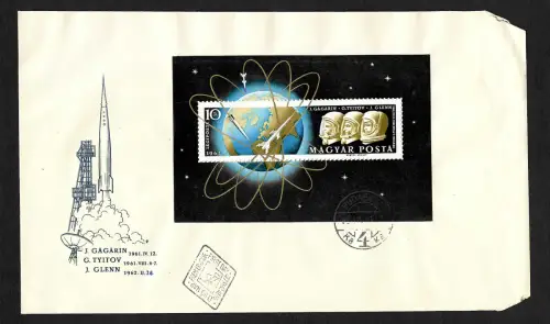 Ungarn 1962: Weltraumflüge Gagarin, Titov, Glenn, Block #33A, FDC