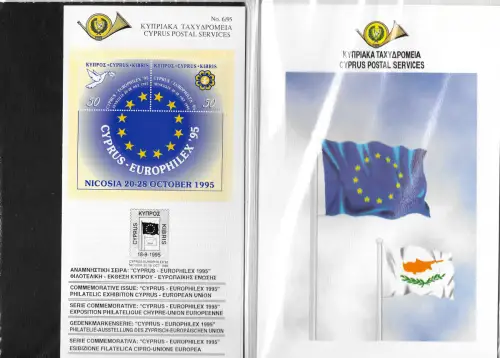 Zypern 1995: Nicosia 1995, Folder plus Bloc, In Folie eingeschweißt, #864-65, **