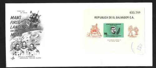 El Salvador 1970: Apollo 11, John F. Kennedy, Block #22, FDC