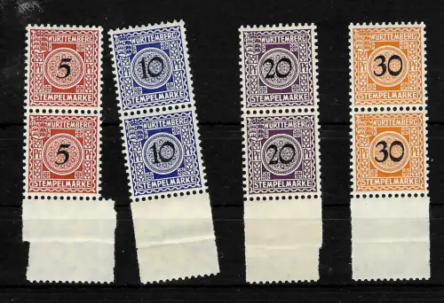 Württemberg: Stempelmarken: 4 Werte, Unterrand gezähnt, postfrisch