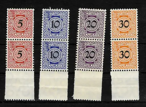 Württemberg: Stempelmarken: 4 Werte, Unterrand gezähnt, postfrisch **