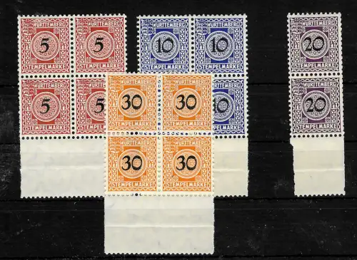 Württemberg: Stempelmarken: 4 Werte, Unterrand gezähnt, postfrisch **