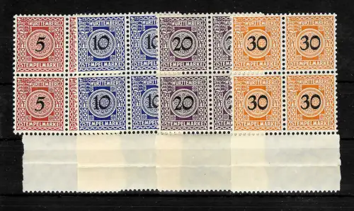 Württemberg: Stempelmarken: 4 Werte, Unterrand gezähnt, 4er Block, postfrisch **