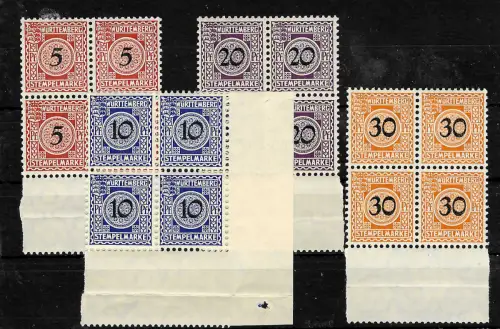 Württemberg: Stempelmarken: 4 Werte, Unterrand gezähnt, 4er Block, 1x Eckrand **