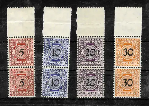 Württemberg: Stempelmarken: 4 Werte, Oberrand gezähnt, postfrisch, **