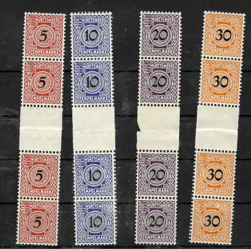 Württemberg: Stempelmarken: 4 Werte, Zwischensteg, postfrisch, **