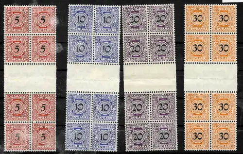 Württemberg: Stempelmarken: 4 Werte, Zwischensteg, 4er Block, postfrisch, **