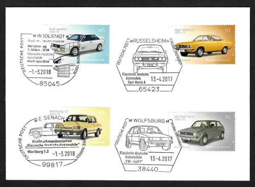 Bund 2017: Klassische deutsche Automobile 4x verschiedene Stempel, FDC