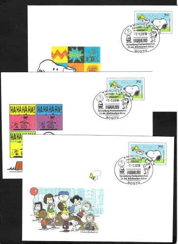 Bund 2018: 3x Ganzsachenbriefe mit inliegender Faltkarte, Peanuts