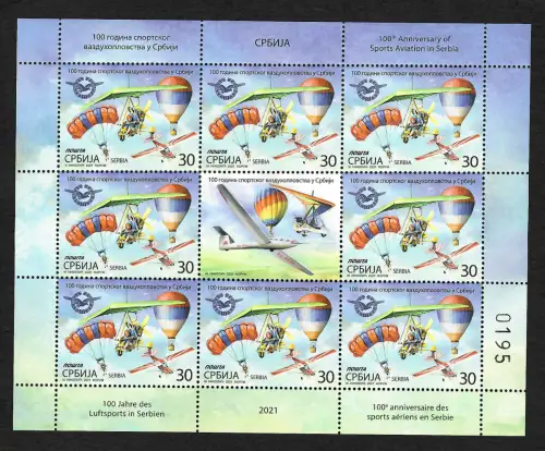 Serbien 2021: 100 Jahre Luftfahrt, postfrischer Kleinbogen