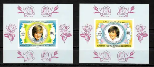 Komoren 1982: 2x Luxusblocks ungezähnt, Diana, Princesse de Galles, mnh
