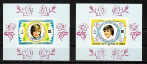 Komoren 1982: 2x Luxusblocks ungezähnt, Diana, Princesse de Galles, mnh
