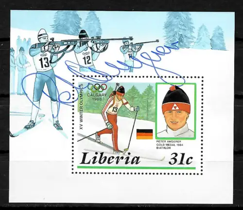 Liberia 1988: Peter Angerer, Olympia Calgary Gold Medal Biathlon mit Autogramm