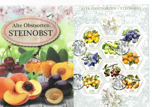 Österreich 2017: Alte Obstsorten, Steinobst, gestempelter Großbogen
