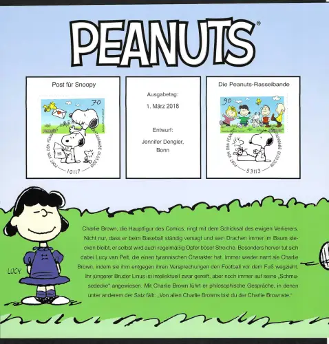 Bund 2018: Peanuts - Snoopy, 4x Marken gestempelt FDC, 1x Block postfrisch