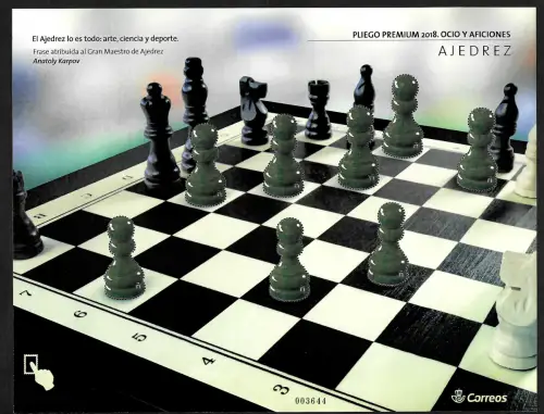 Spanien 2018: Großer Bogen: Schach, Briefmarken als Figuren, postfrisch