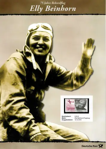 Bund 2010: Elly Beinhorn, Rekordflug, Folder mit FDC, Marke und Weiterem