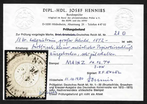 DR: MiNr. 28, sehr gut erhalten, Stempel Mainz 1874, BPP Befund