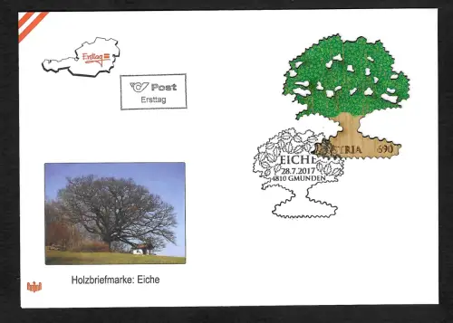 Österreich 2017: Holzbriefmarke Eiche, FDC Gmunden, gestempelt