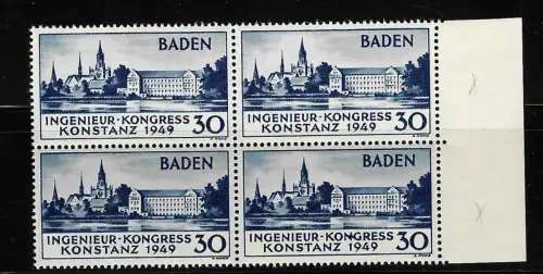 Franz. Zone Baden: MiNr. 46 PF I und PF II im Viererblock, postfrisch