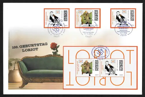 Bund 2023: 100. Geburtstag von Loriot, FDC mit Block und Marken